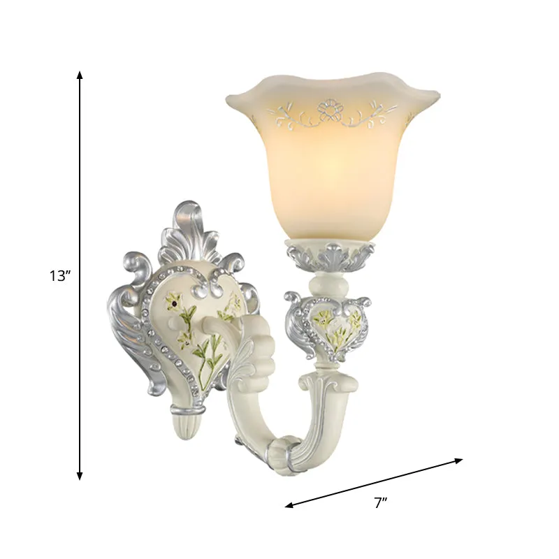 Ivory Glass Wall Sconce - Traditional White Bell Shaped Bedroom Wall Light Kit