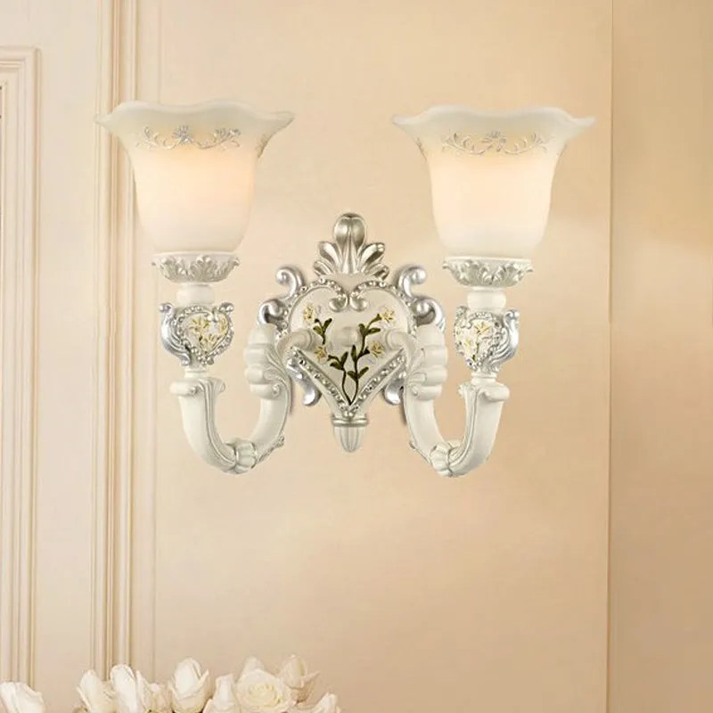 Ivory Glass Wall Sconce - Traditional White Bell Shaped Bedroom Wall Light Kit