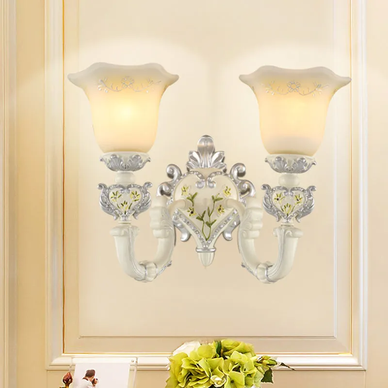 Ivory Glass Wall Sconce - Traditional White Bell Shaped Bedroom Wall Light Kit