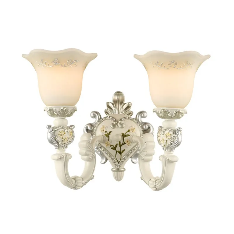 Ivory Glass Wall Sconce - Traditional White Bell Shaped Bedroom Wall Light Kit