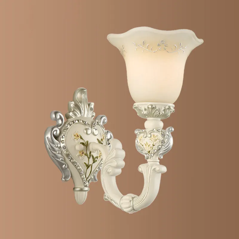 Ivory Glass Wall Sconce - Traditional White Bell Shaped Bedroom Wall Light Kit