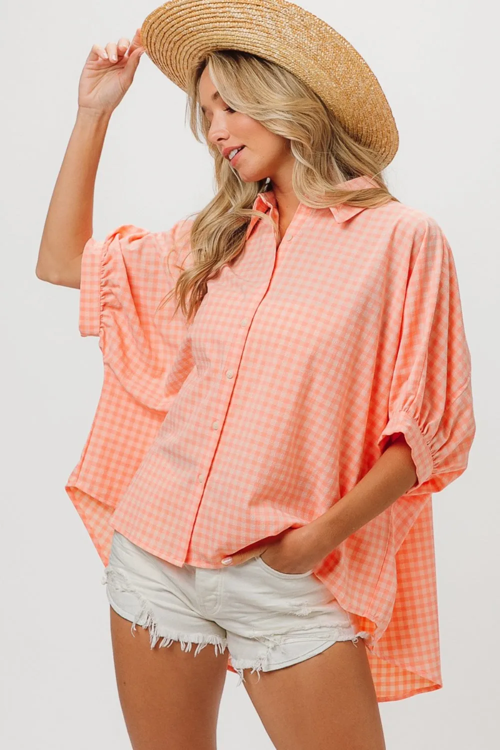 Kona Plaid Button Up Dolman Sleeve Shirt