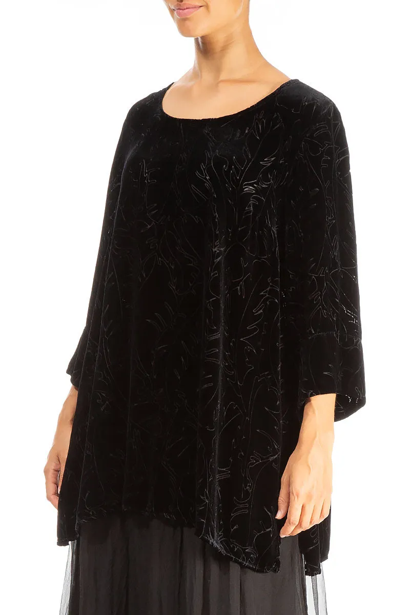 Loose Midnight Blue Devoré Feather Silk Velvet Tunic