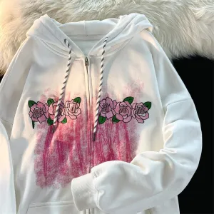 Loose Printed Casual Streetwear Hoodies Spell Color Zip-up Office Lady Fashion Chic Women's Hoodie Winter O-neck Hoodies