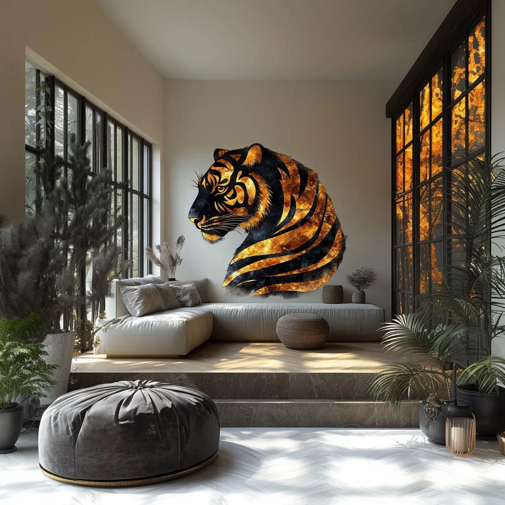 Majestic Tiger Wall Sticker Decal | Golden 3D Tiger Profile Mural Art | Elegant Animal Wall Decor for Living Room, Office, Nature Accent