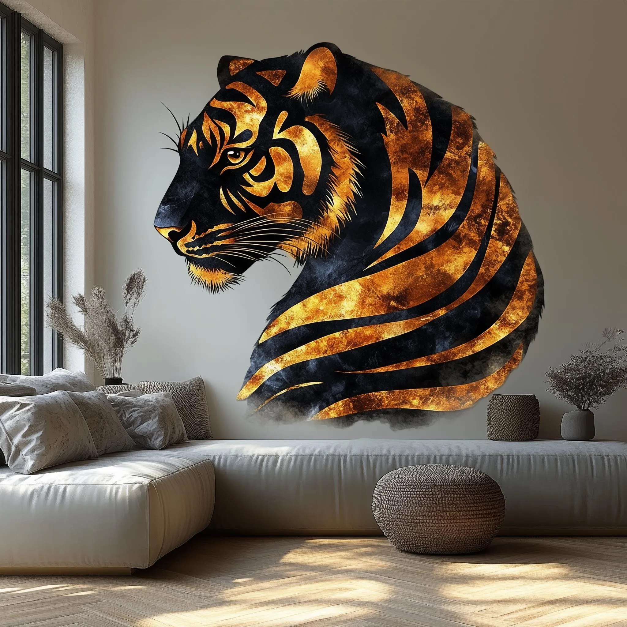 Majestic Tiger Wall Sticker Decal | Golden 3D Tiger Profile Mural Art | Elegant Animal Wall Decor for Living Room, Office, Nature Accent