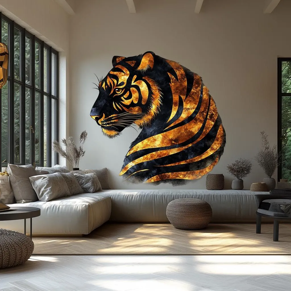 Majestic Tiger Wall Sticker Decal | Golden 3D Tiger Profile Mural Art | Elegant Animal Wall Decor for Living Room, Office, Nature Accent