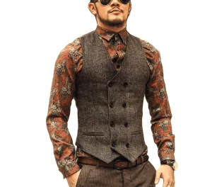 Men'S Double Breasted Vest Formal Grey Slim Business Jacket