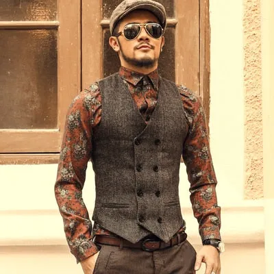 Men'S Double Breasted Vest Formal Grey Slim Business Jacket