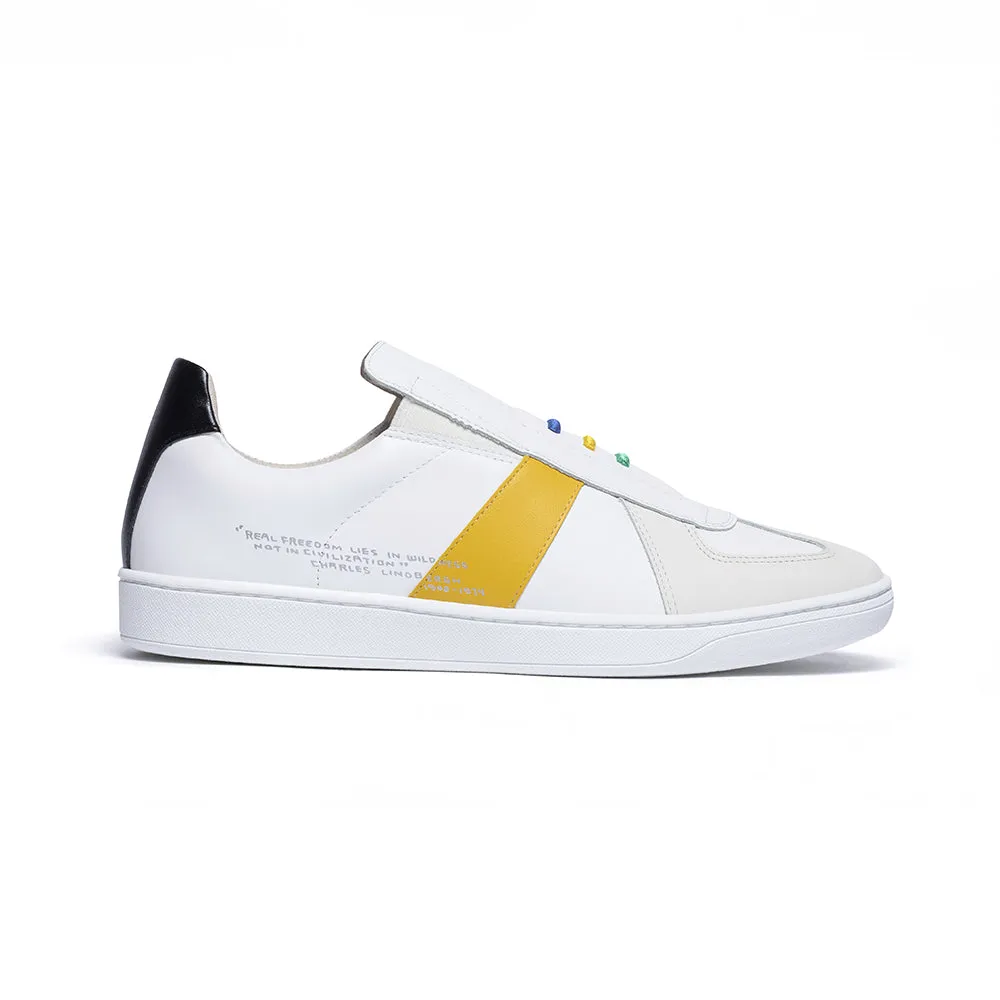 Men's Smooth White Yellow Black Leather Low Tops 01594-039