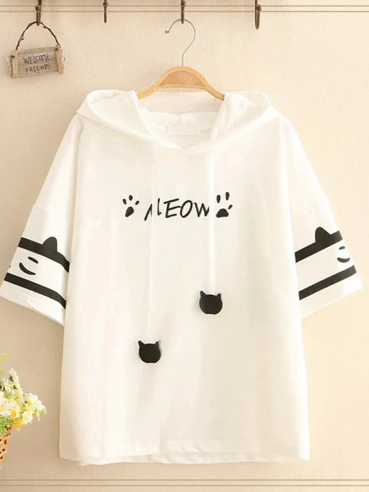 Metaversmall Black Short Sleeve Hooded Sweatshirts For Women Cartoon Print Drawstring Cotton Hoodies Streetwear Casual Tracksuits Female