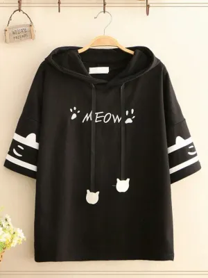 Metaversmall Black Short Sleeve Hooded Sweatshirts For Women Cartoon Print Drawstring Cotton Hoodies Streetwear Casual Tracksuits Female