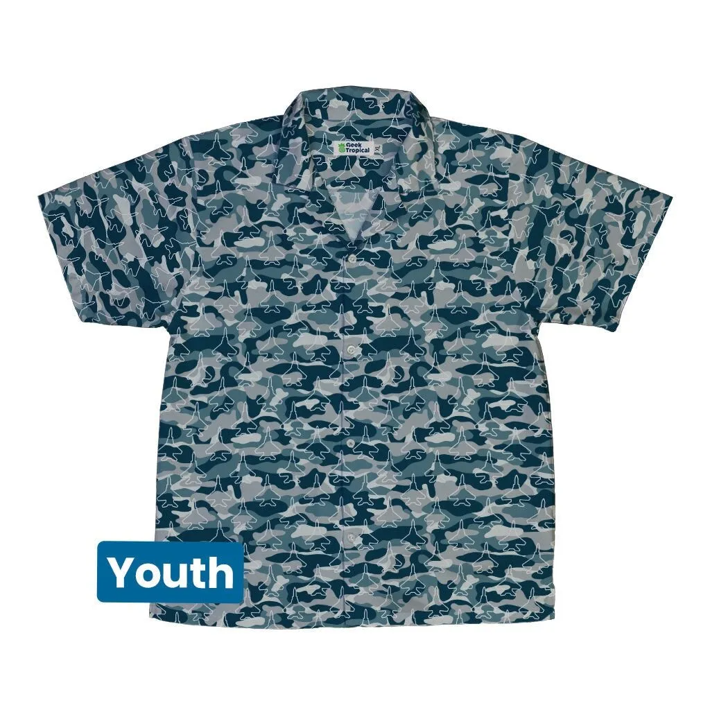 Military Fighter Jet Navy Camo Blue Youth Hawaiian Shirt