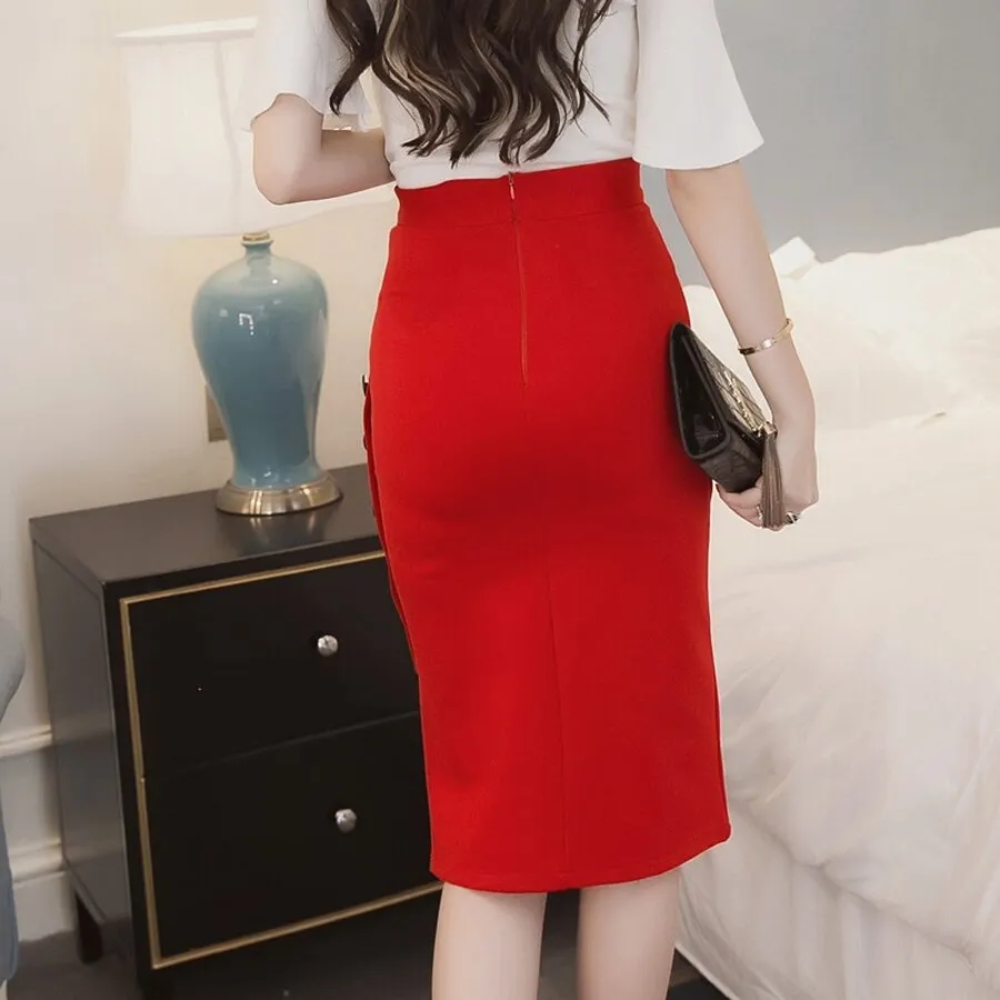 Open Slit Button Pencil Skirt