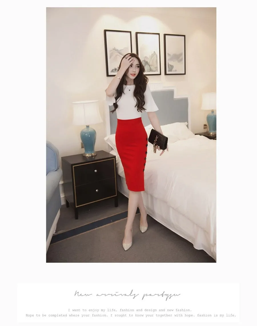 Open Slit Button Pencil Skirt