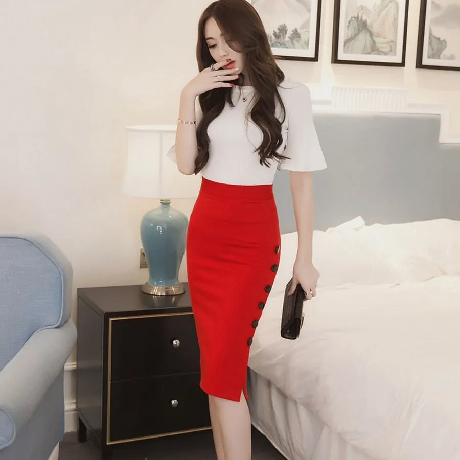 Open Slit Button Pencil Skirt