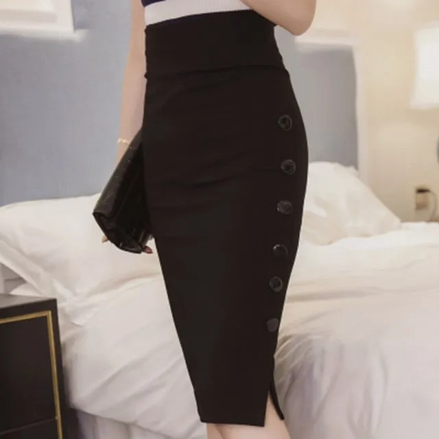 Open Slit Button Pencil Skirt