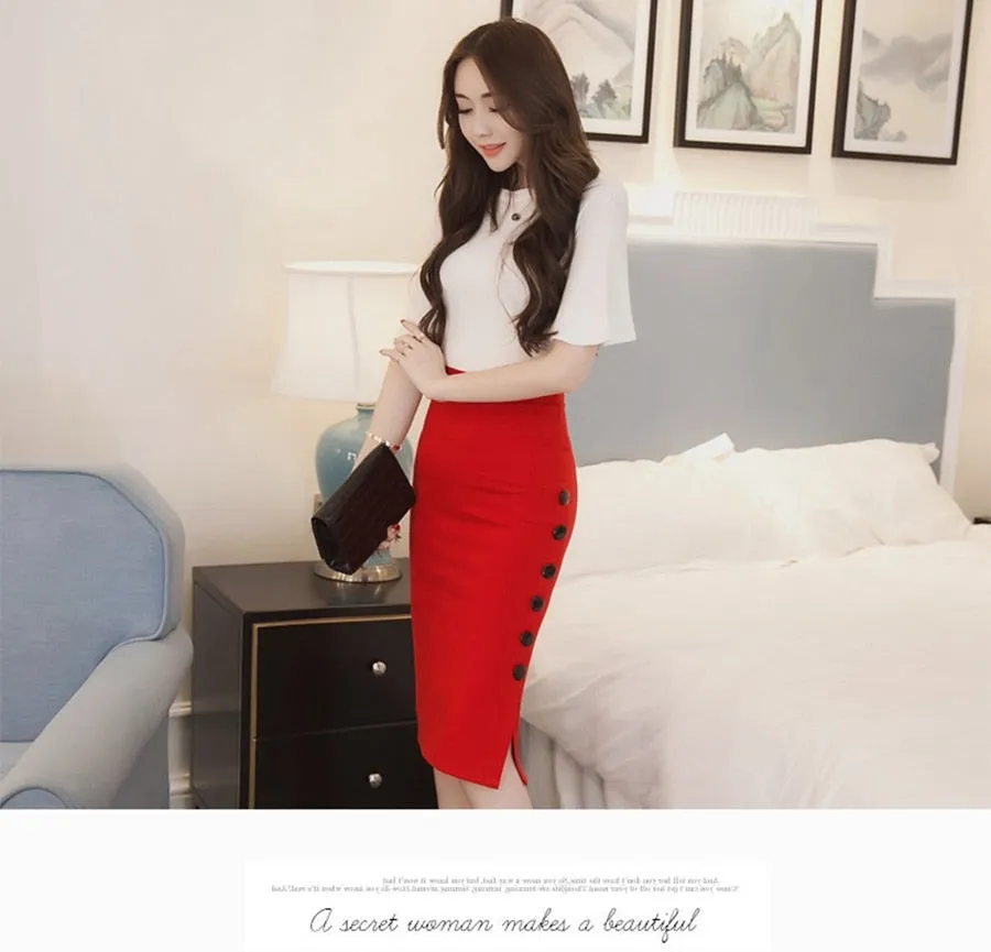 Open Slit Button Pencil Skirt