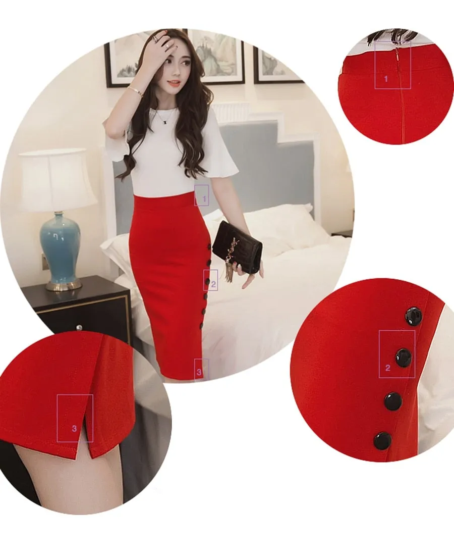 Open Slit Button Pencil Skirt