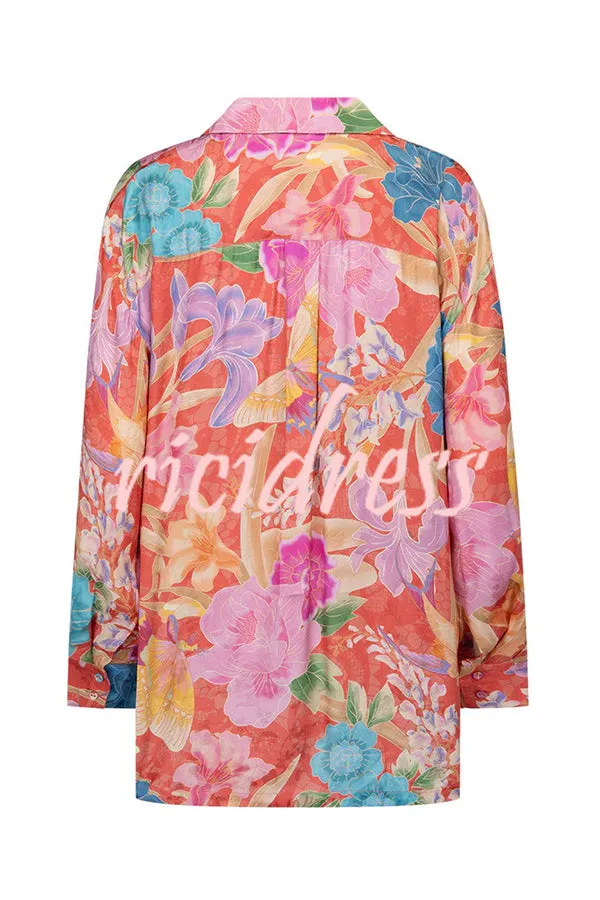 Painter's Garden Boho Floral Print Button Long Sleeve Relaxed Blouse