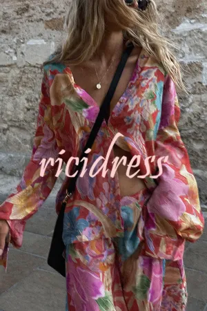 Painter's Garden Boho Floral Print Button Long Sleeve Relaxed Blouse