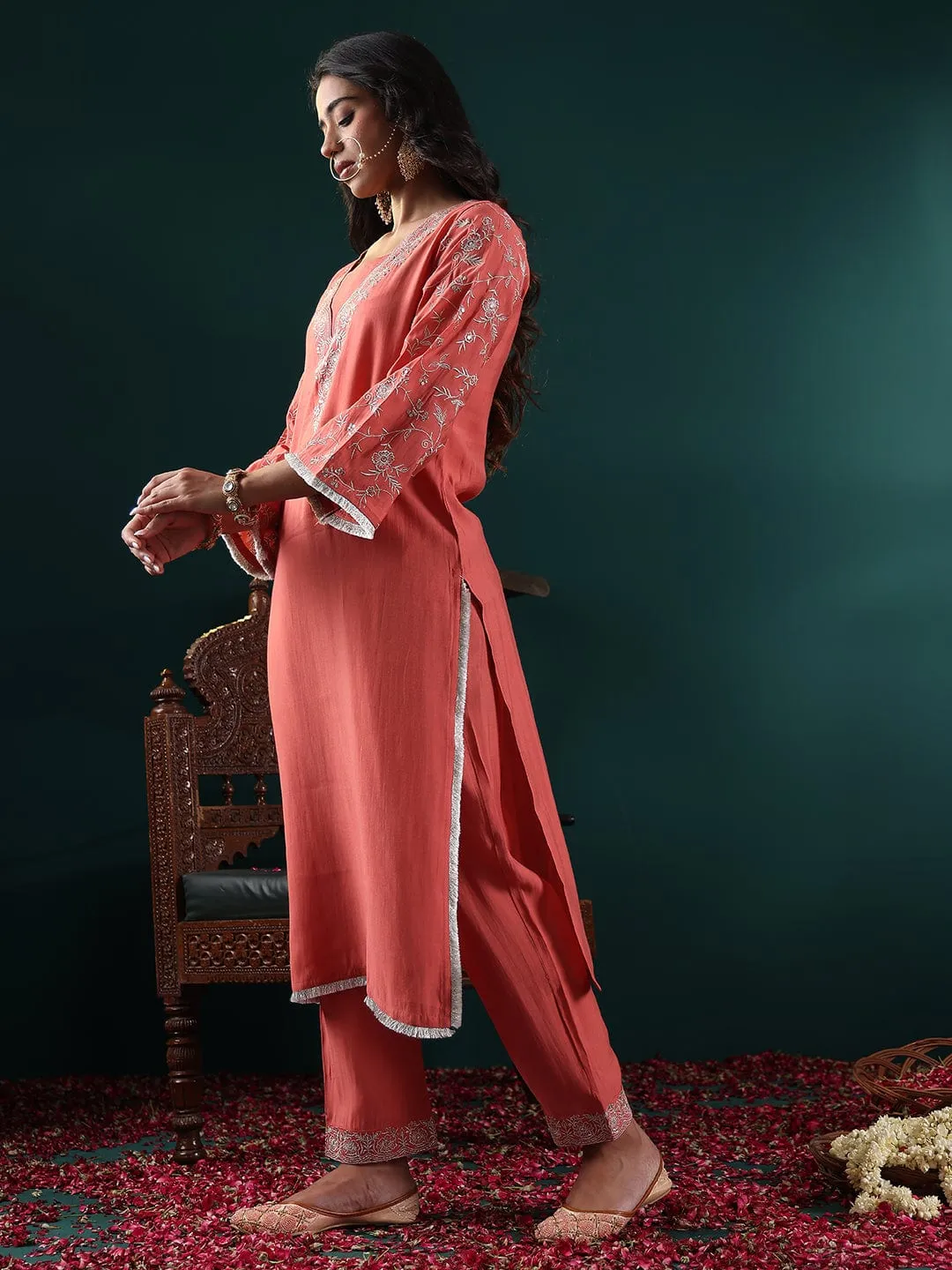 Peach Silk Blend Zari Embroidered Suit Set with Silk Chiffon Dupatta