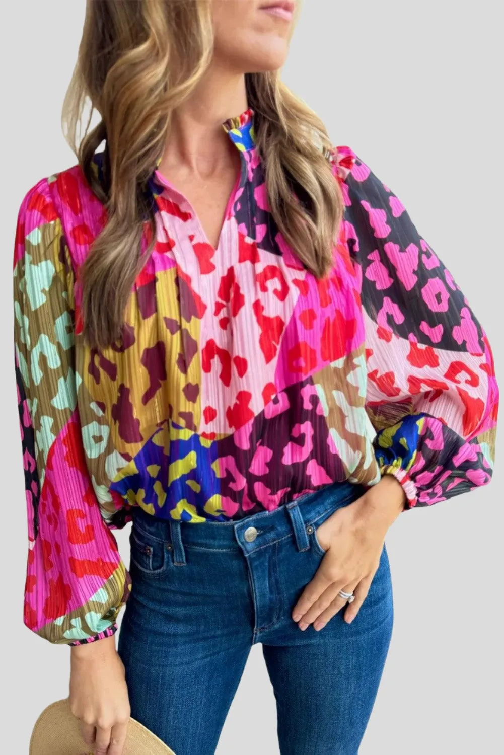 Printed Long Sleeve Pleated Summer Blouse Top