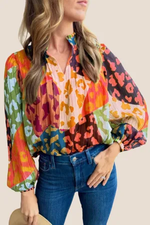 Printed Long Sleeve Pleated Summer Blouse Top