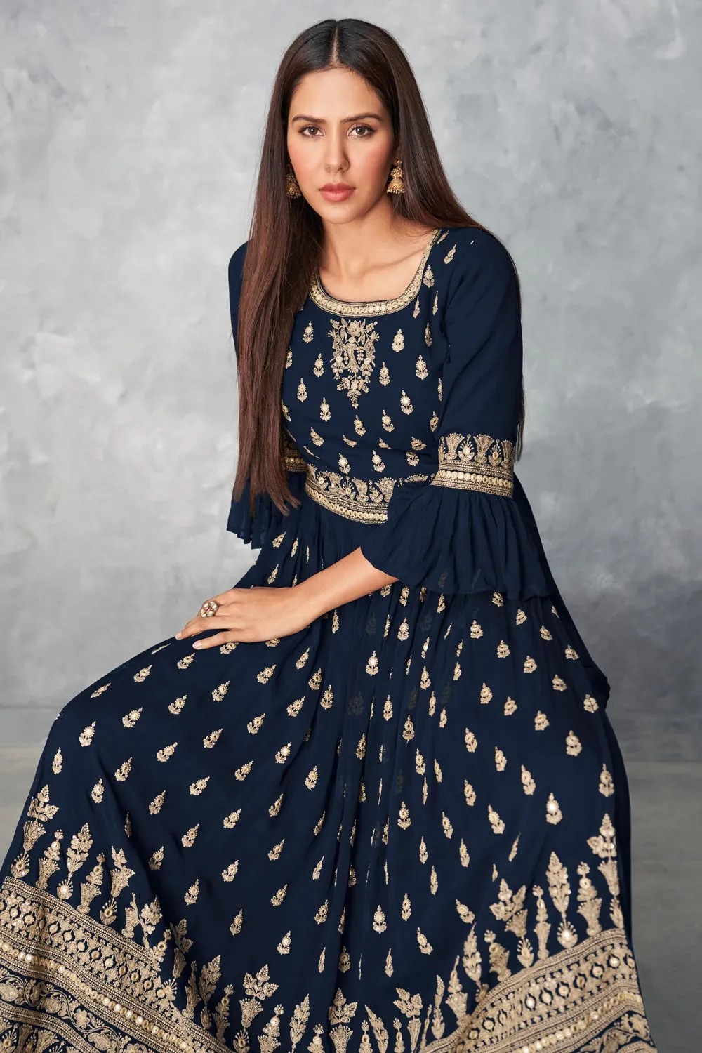 Real Georgette Navy Blue Peplum Sharara Suit