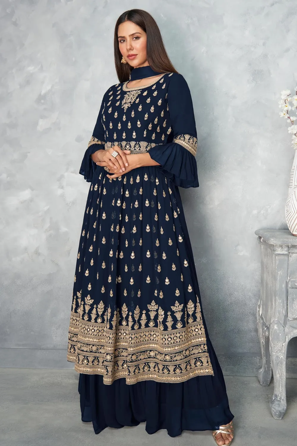 Real Georgette Navy Blue Peplum Sharara Suit