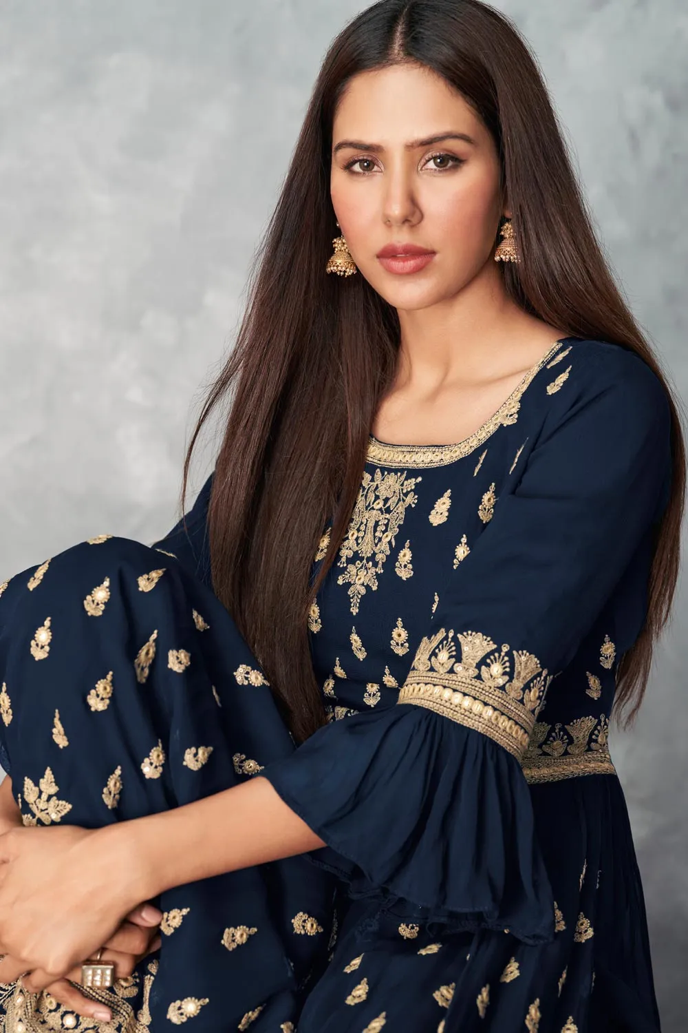 Real Georgette Navy Blue Peplum Sharara Suit