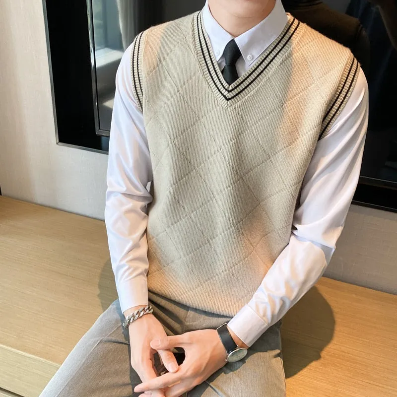 Riolio New Autumn Pattern Men's Sweater Vest Retro V-neck Sleeveless Knit Vest Woolen Korean Clothes Student Sweaters S-3XL