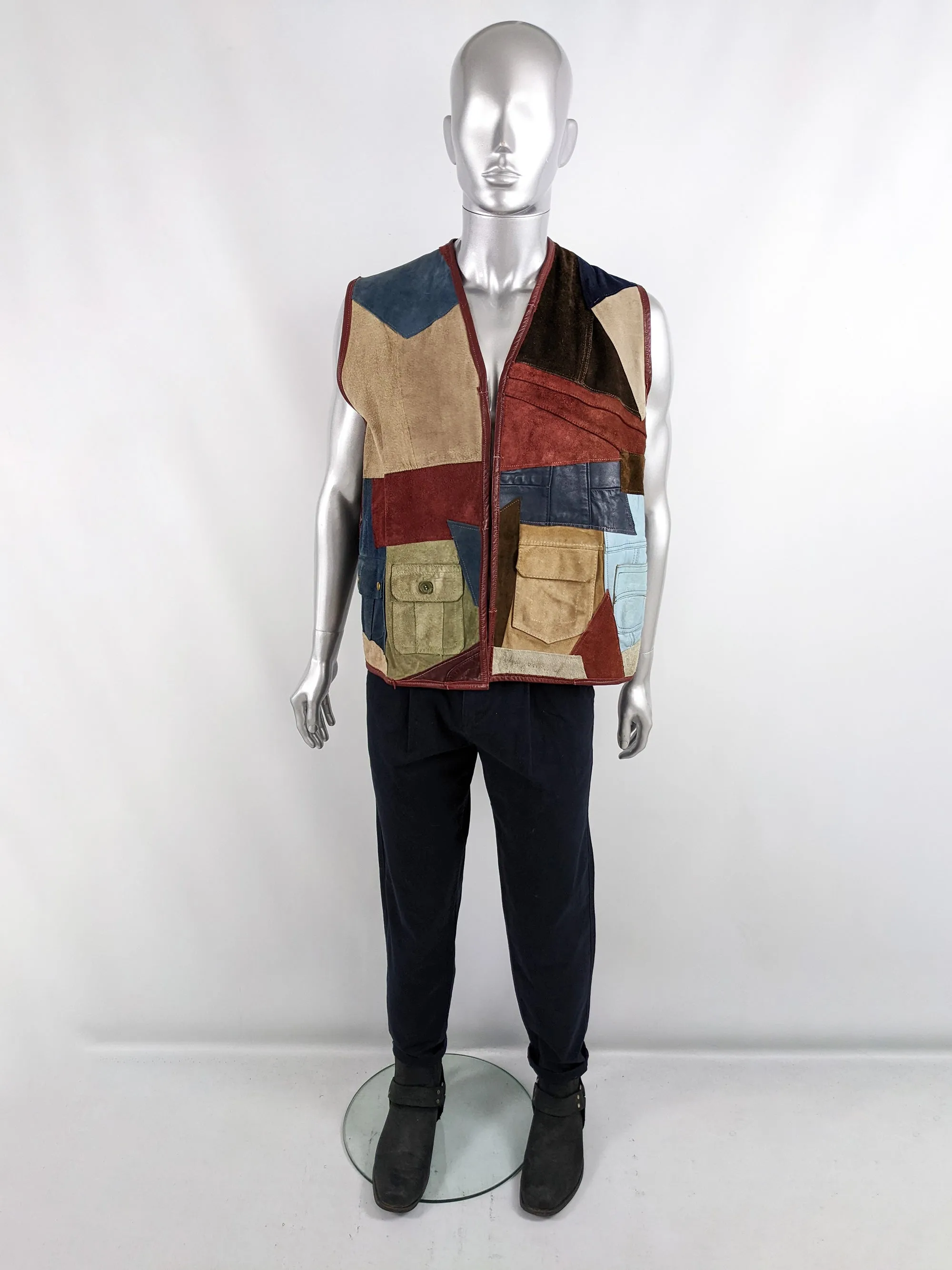 Scrap Scrap Vintage Mens Leather & Suede Patchwork Vest, 1980s