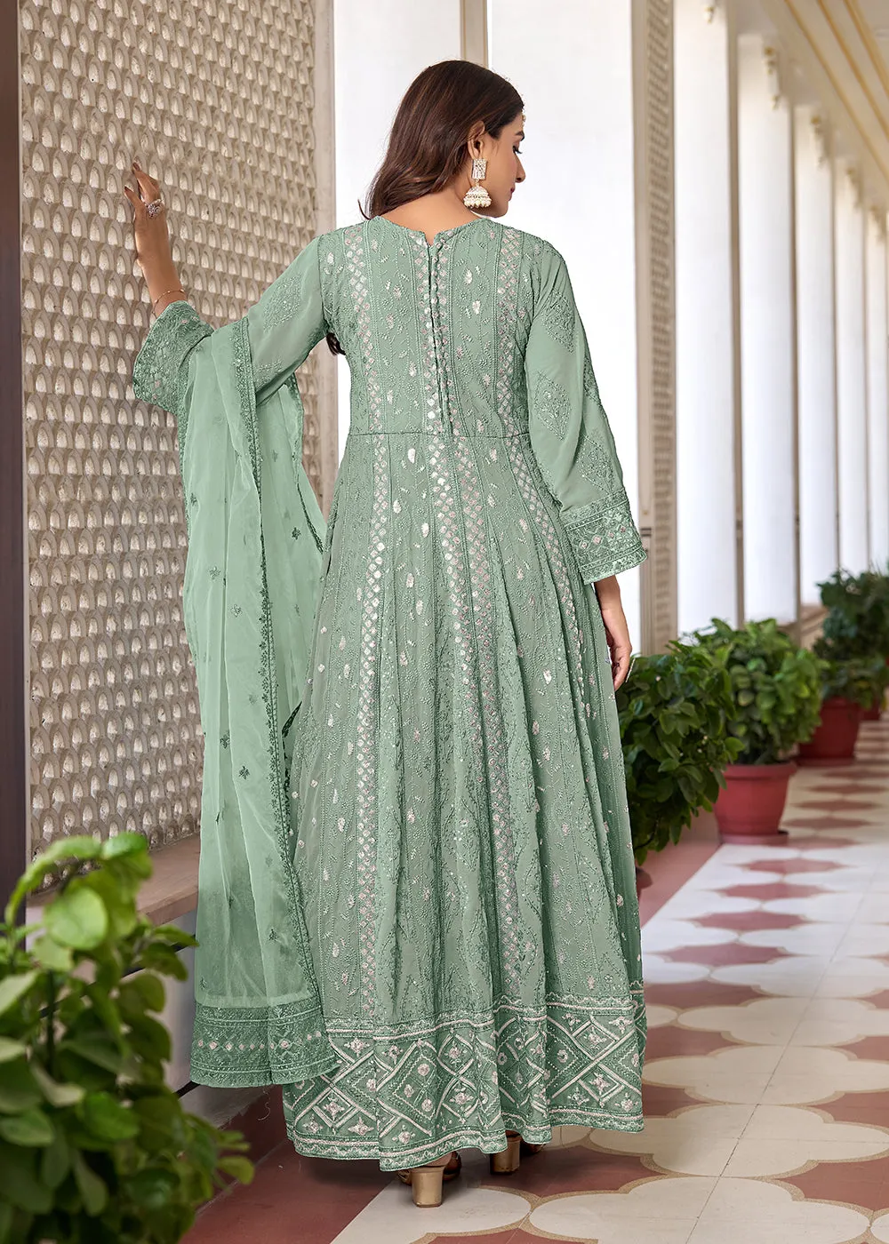 Slit Style Green Embroidered Wedding Festive Anarkali Suit