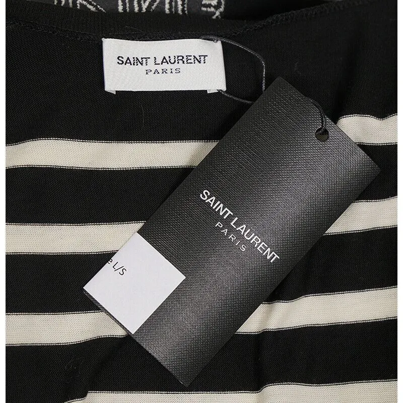 sz XS NEW $890 SAINT LAURENT Black White SMOKING FOREVER Striped Long Sleeve TOP