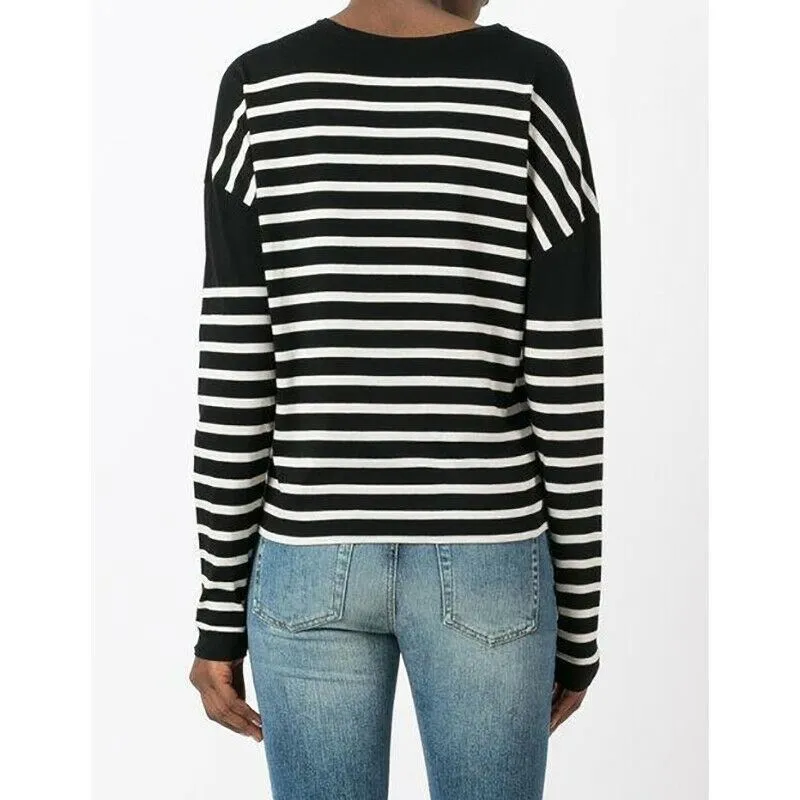 sz XS NEW $890 SAINT LAURENT Black White SMOKING FOREVER Striped Long Sleeve TOP