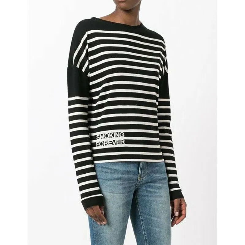 sz XS NEW $890 SAINT LAURENT Black White SMOKING FOREVER Striped Long Sleeve TOP