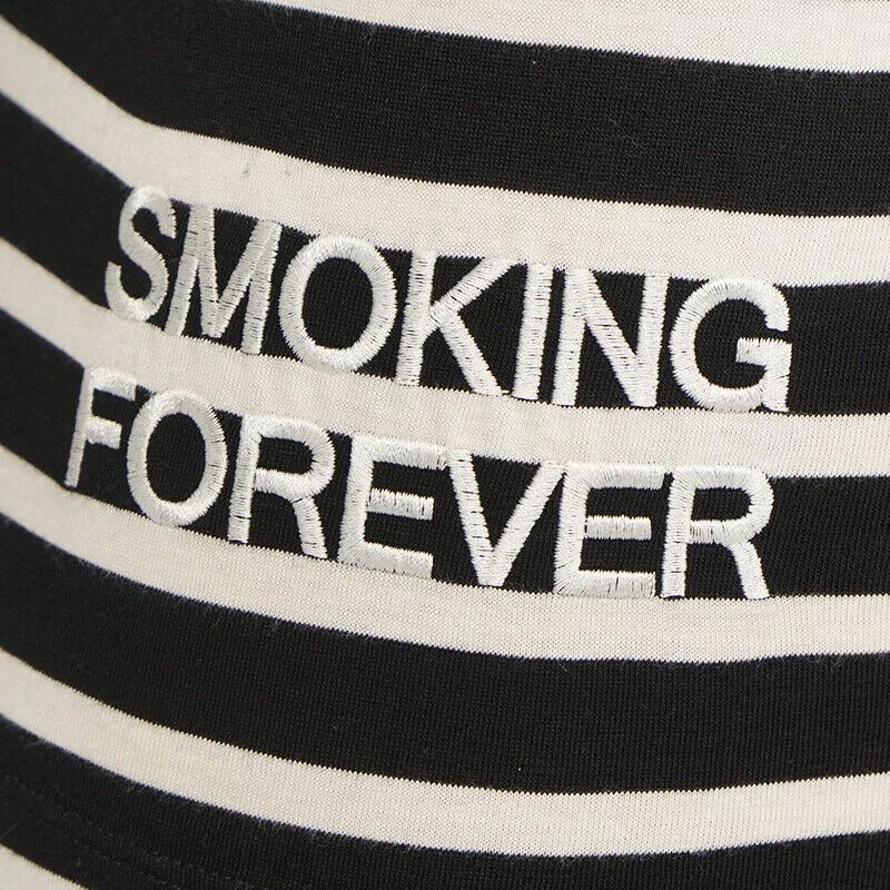 sz XS NEW $890 SAINT LAURENT Black White SMOKING FOREVER Striped Long Sleeve TOP