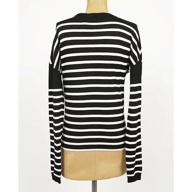 sz XS NEW $890 SAINT LAURENT Black White SMOKING FOREVER Striped Long Sleeve TOP