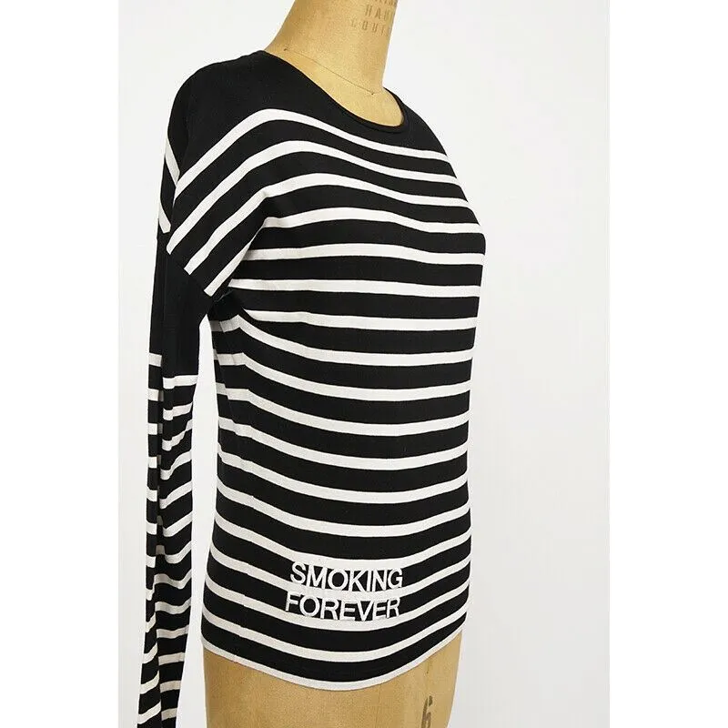 sz XS NEW $890 SAINT LAURENT Black White SMOKING FOREVER Striped Long Sleeve TOP