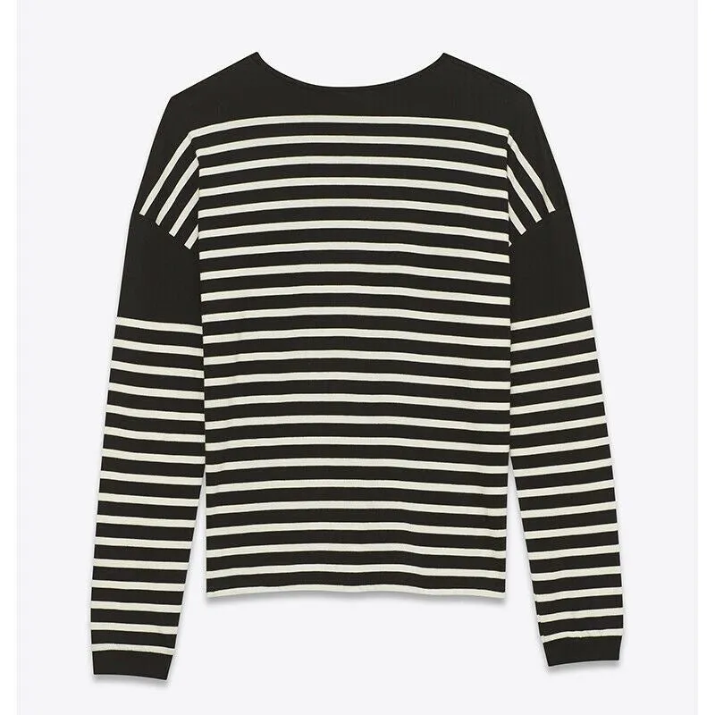 sz XS NEW $890 SAINT LAURENT Black White SMOKING FOREVER Striped Long Sleeve TOP