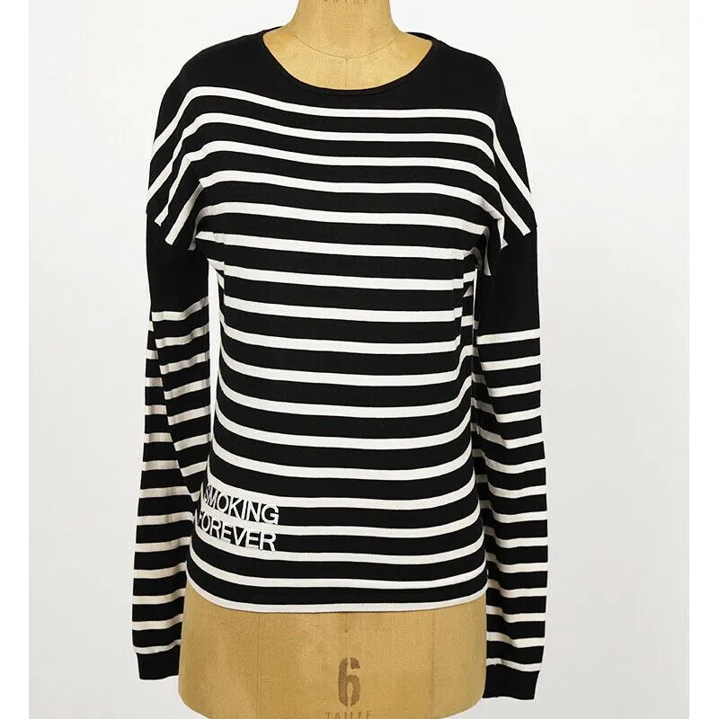 sz XS NEW $890 SAINT LAURENT Black White SMOKING FOREVER Striped Long Sleeve TOP