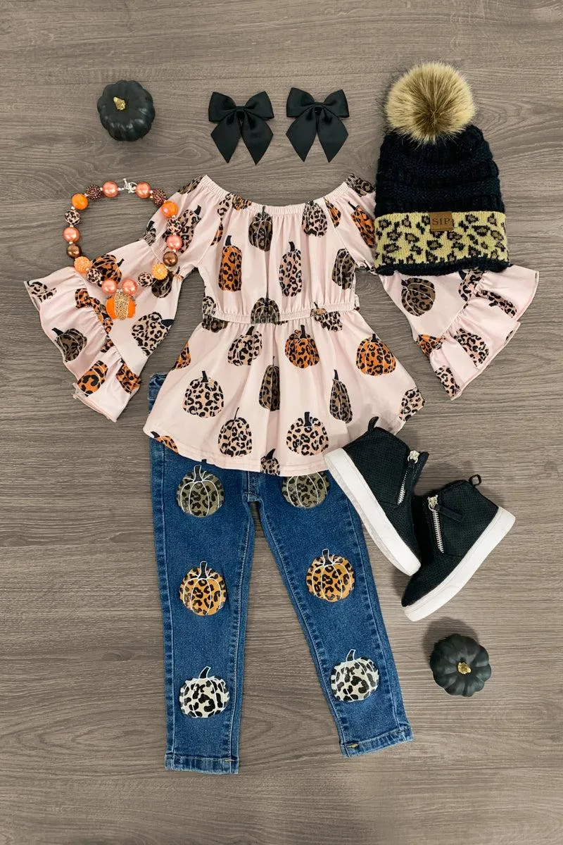 Tan Cheetah Pumpkin Denim Pant Set