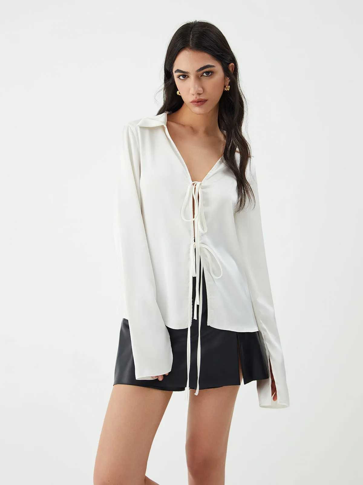 Tie Up V-Neck Trendy Long Sleeve Blouse