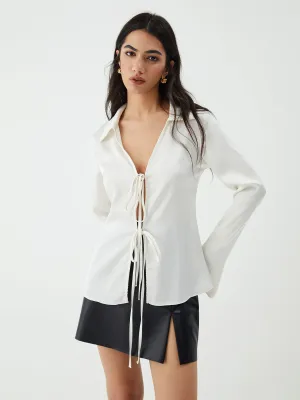 Tie Up V-Neck Trendy Long Sleeve Blouse