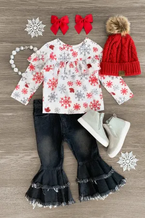 White Snowflake Denim Bell Bottom Set