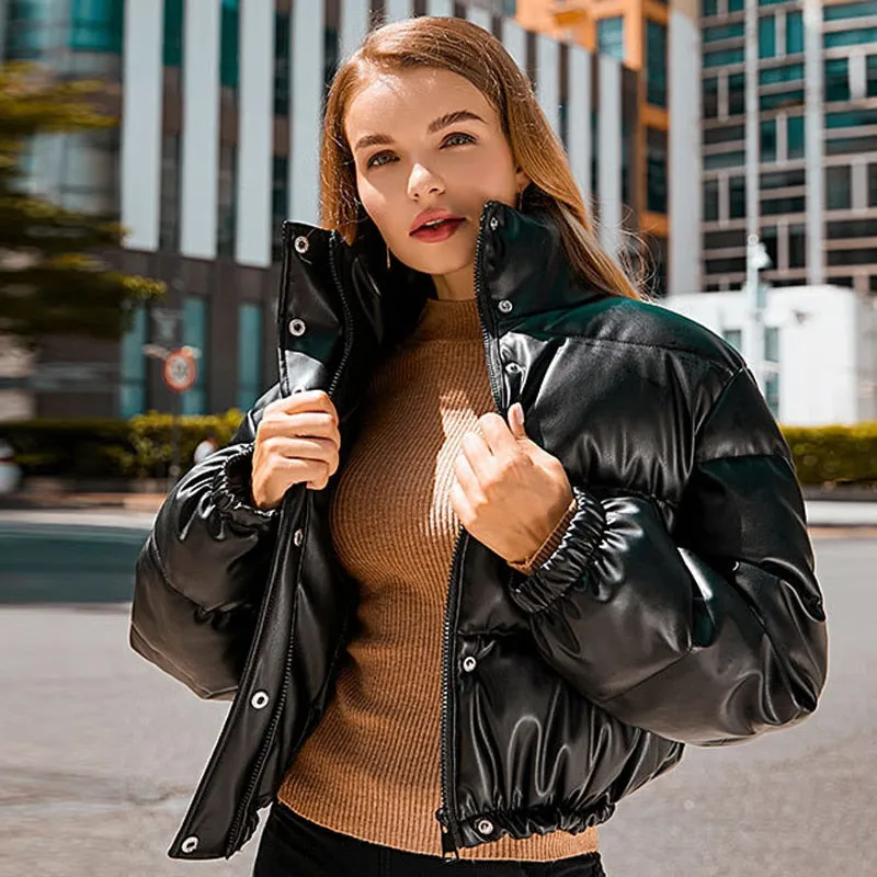 Winter Warm Thick Pu Leather Coats Women Short Parkas Black