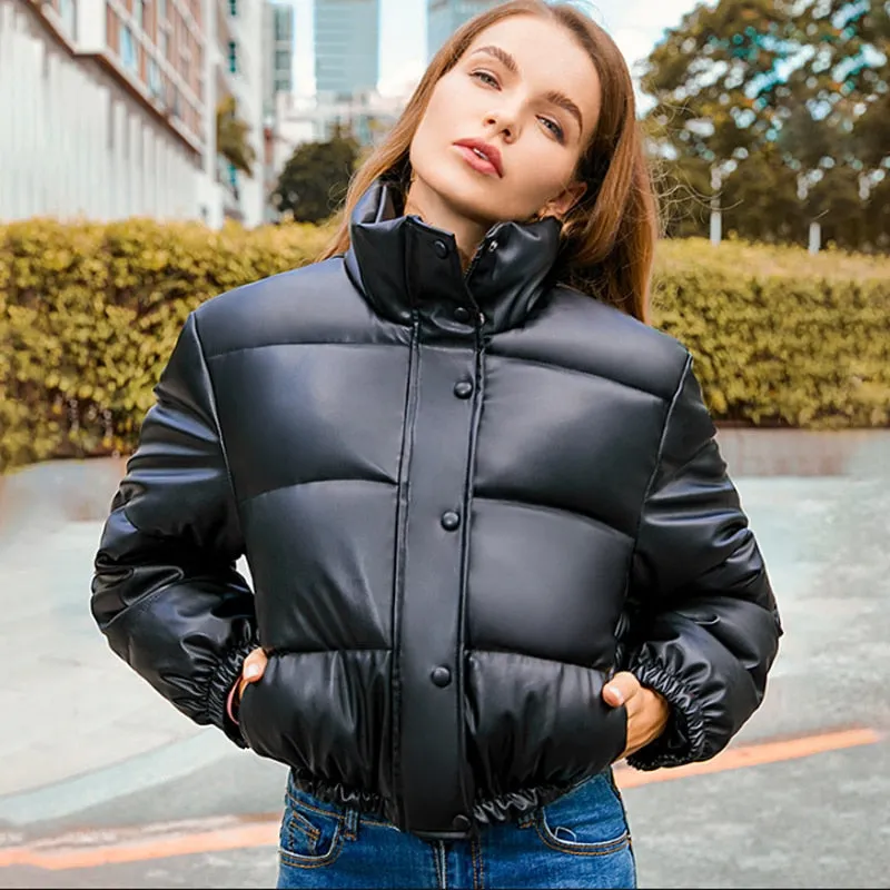 Winter Warm Thick Pu Leather Coats Women Short Parkas Black