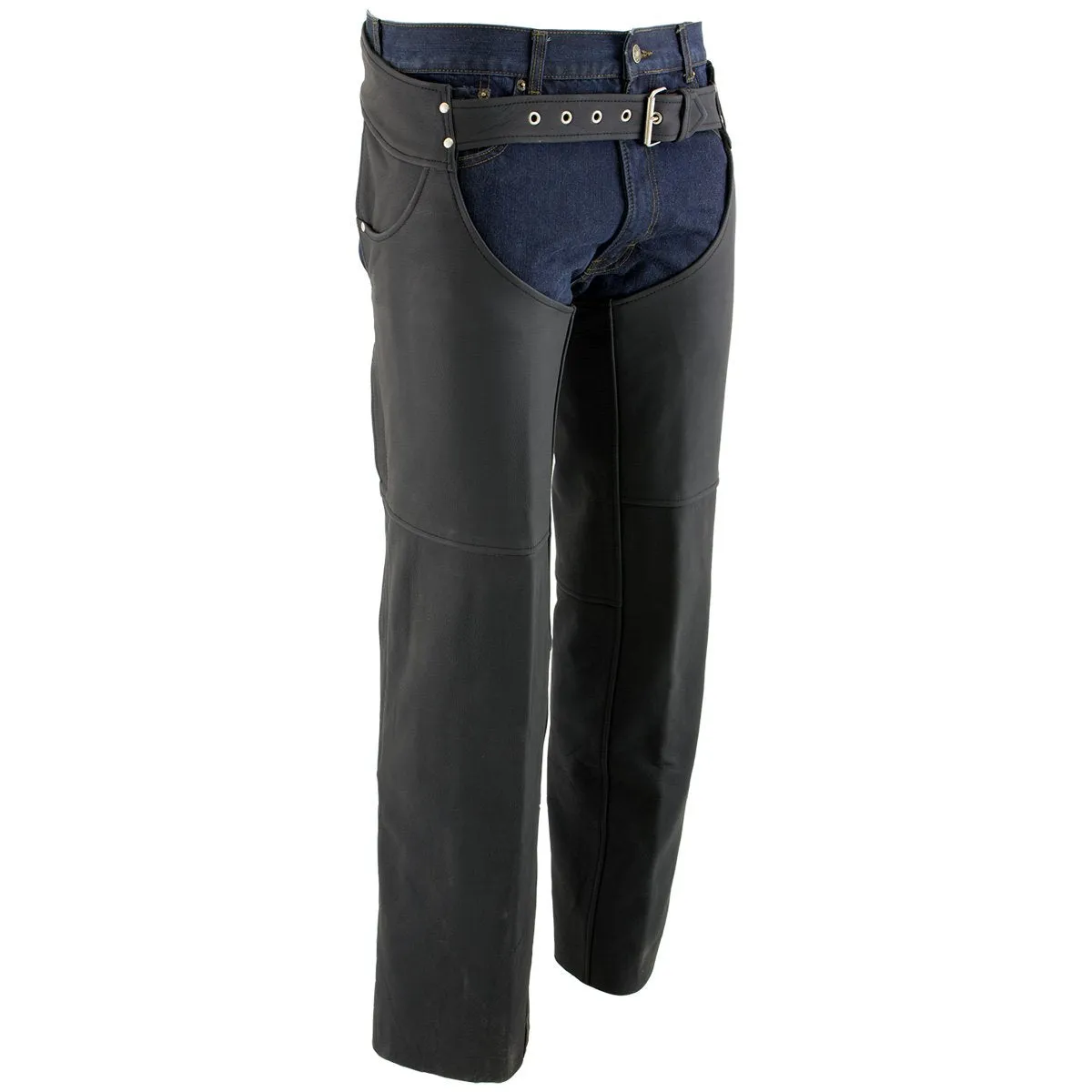 Xelement XS15000 Men's 'Tedious' Flat Black Leather Motorcycle Biker Chaps with Jean Pockets